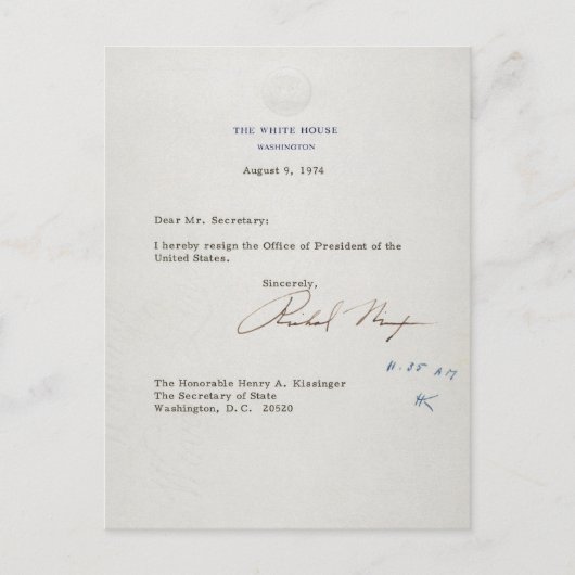 Rücktrittsschreiben von Richard M. Nixon 1974 Postkarte (Vorderseite)