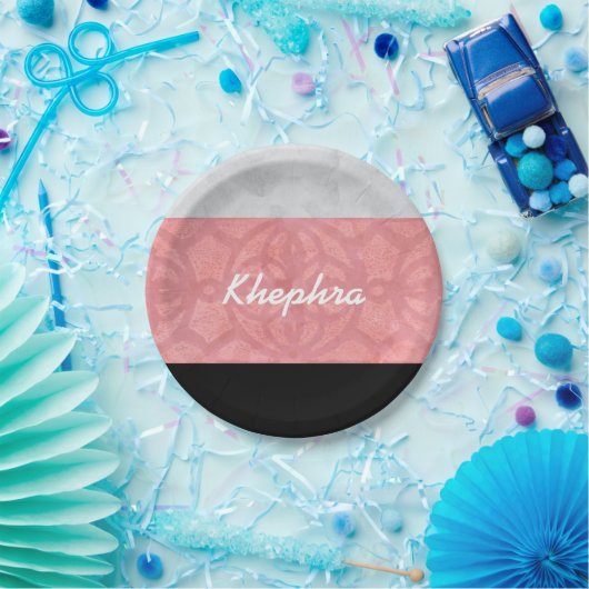 Ruddy Pink Batik Grau Wasserfarbe und Name Pappteller (Party)