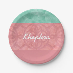 Ruddy Pink Batik und Blue Watercolor Name Pappteller