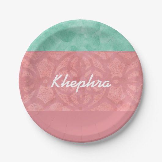 Ruddy Pink Batik und Blue Watercolor Name Pappteller (Vorderseite)