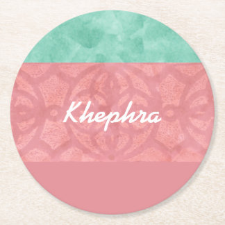 Ruddy Pink Batik und Blue Watercolor Name Runder Pappuntersetzer