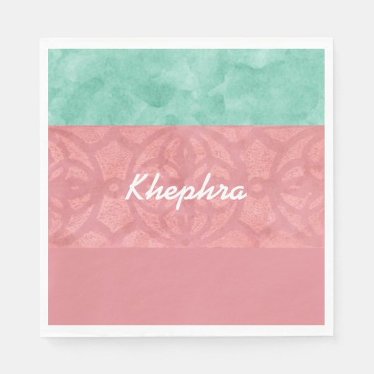 Ruddy Pink Batik und Blue Watercolor Name Serviette (Vorderseite)