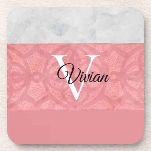 Ruddy Pink Batik und Grau Wasserfarbe Mit Monogram Getränkeuntersetzer (Vorderseite)