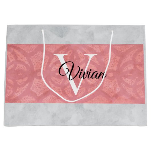 Ruddy Pink Batik und Grau Wasserfarbe Mit Monogram Große Geschenktüte (Vorderseite)