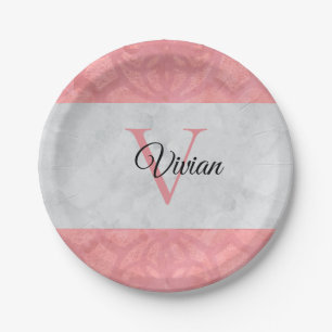 Ruddy Pink Batik und Grau Wasserfarbe Mit Monogram Pappteller