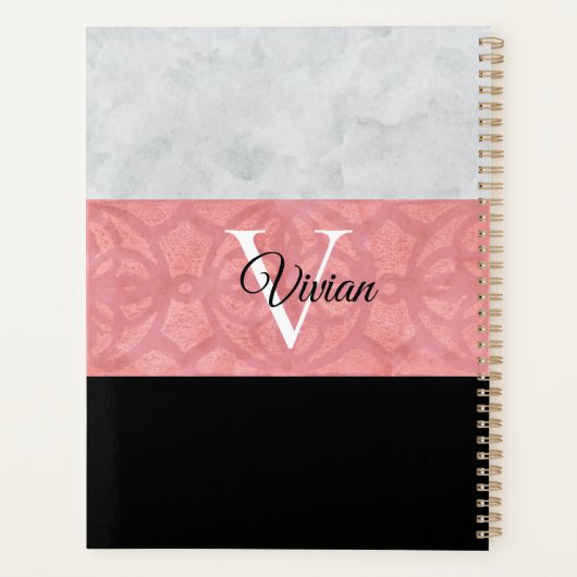 Ruddy Pink Batik und Grau Wasserfarbe Mit Monogram Planer (Rückseite)
