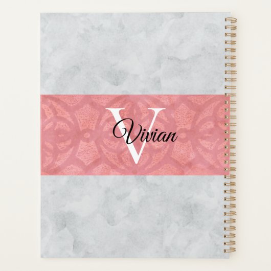 Ruddy Pink Batik und Grau Wasserfarbe Mit Monogram Planer (Rückseite)