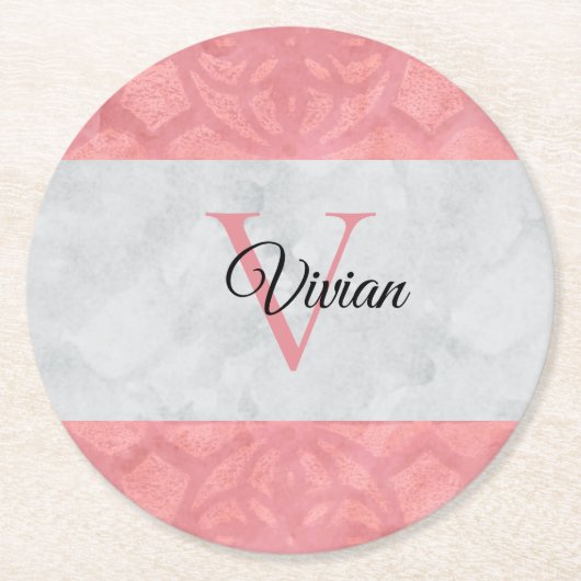 Ruddy Pink Batik und Grau Wasserfarbe Mit Monogram Runder Pappuntersetzer (Vorderseite)