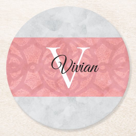 Ruddy Pink Batik und Grau Wasserfarbe Mit Monogram Runder Pappuntersetzer (Vorderseite)