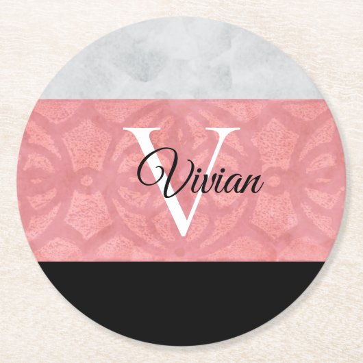 Ruddy Pink Batik und Grau Wasserfarbe Mit Monogram Runder Pappuntersetzer (Vorderseite)