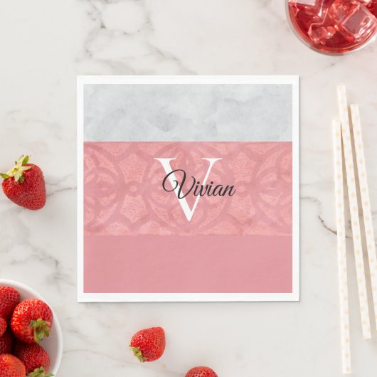 Ruddy Pink Batik und Grau Wasserfarbe Mit Monogram Serviette (Beispiel)