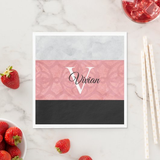 Ruddy Pink Batik und Grau Wasserfarbe Mit Monogram Serviette (Beispiel)