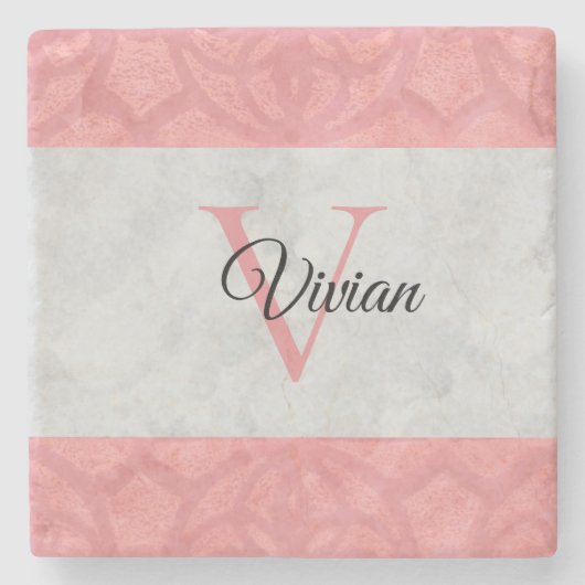 Ruddy Pink Batik und Grau Wasserfarbe Mit Monogram Steinuntersetzer (Vorderseite)