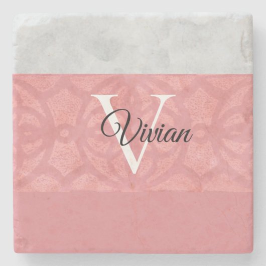 Ruddy Pink Batik und Grau Wasserfarbe Mit Monogram Steinuntersetzer (Vorderseite)