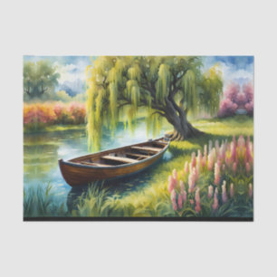 Ruderboot in Teich bei Weidenbaum Seidenpapier