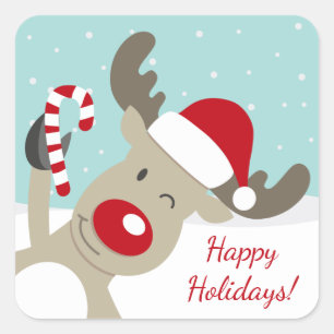 Rudolph der roten Nase in Weihnachtsmannmütze Quadratischer Aufkleber