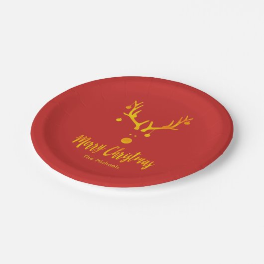 Rudolph des Weihnachtsmanns in Imitaten, rot goldg Pappteller (Schrägansicht)