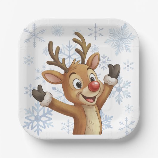 Rudolph mit blauen Schneeflocken Pappteller (Vorderseite)