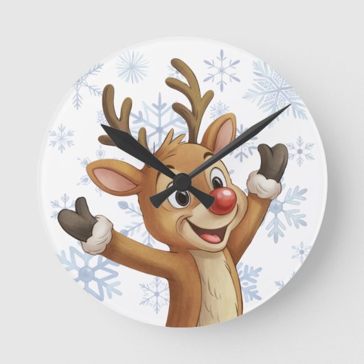Rudolph mit blauen Schneeflocken Runde Wanduhr (Vorderseite)