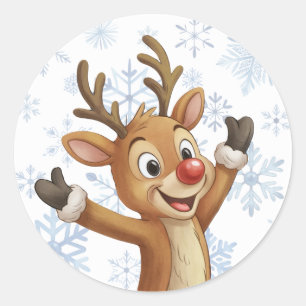 Rudolph mit blauen Schneeflocken Runder Aufkleber