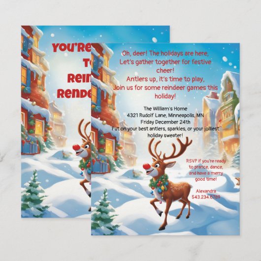 Rudolph Party Einladung (Vorne/Hinten)
