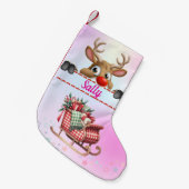 Rudolph Reindeer mit Santa Sleigh - Rosa Kleiner Weihnachtsstrumpf (Vorderansicht (hängend))