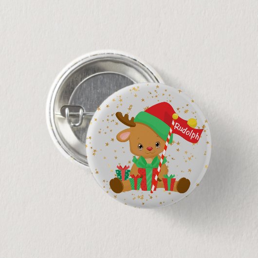 Rudolph the Rentier with Gifts and Gold Stars Button (Vorne & Hinten)