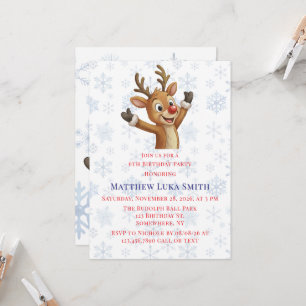 Rudolphs Geburtstagsfeier mit blauen Schneeflocken Einladung
