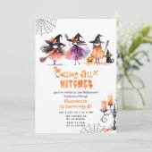 Rufen alle Hexen niedliches Halloween-Kostüm-Party Einladung (Stehend Vorderseite)