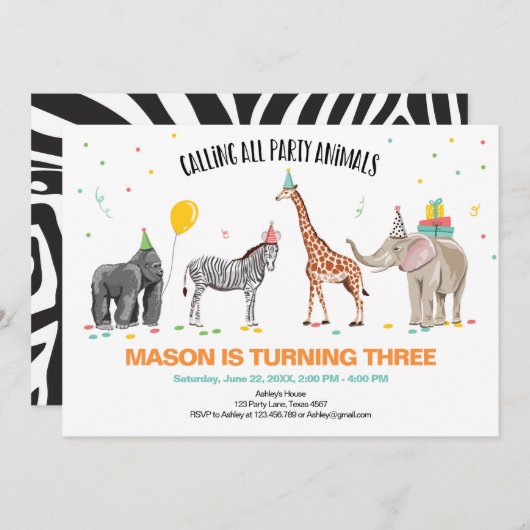 Rufen alle Party Tiere Zoo Wild Boy Geburtstag Einladung (Vorne/Hinten)