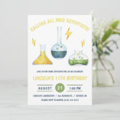 Rufen Sie alle Mad Scientists! Science Birthday Pa Einladung (Stehend Vorderseite)