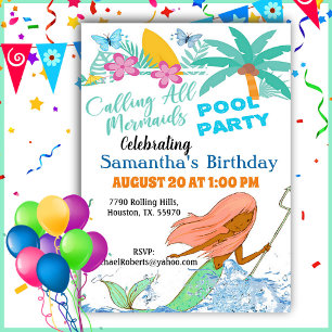 Rufen Sie alle Mermaids Girl Pool Party Geburtstag Einladung