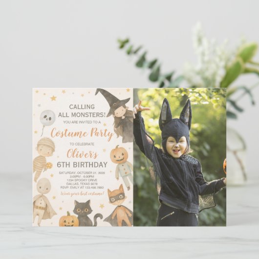 Rufen Sie alle Monster Halloween Foto Einladung (Stehend Vorderseite)