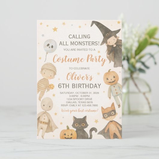Rufen Sie alle Monster Halloween Geburtstag Einladung (Stehend Vorderseite)