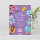 Rufen Sie alle Monster Halloween Geburtstag Einladung (Stehend Vorderseite)