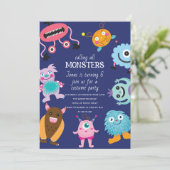 Rufen Sie alle Monster Halloween Geburtstag Einladung (Stehend Vorderseite)