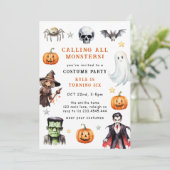 Rufen Sie alle Monster Kostüme Halloween Geburtsta Einladung (Stehend Vorderseite)