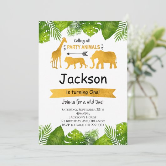 Rufen Sie alle Party Tiere Golden Safari laden Einladung (Stehend Vorderseite)