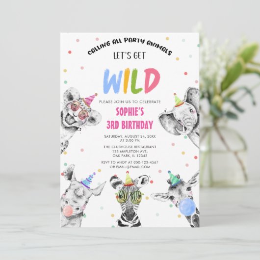 Rufen Sie alle Party Tiere Let's Get Wild Birthday Einladung (Stehend Vorderseite)