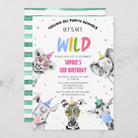 Rufen Sie alle Party Tiere Let's Get Wild Birthday Einladung (Vorne/Hinten)
