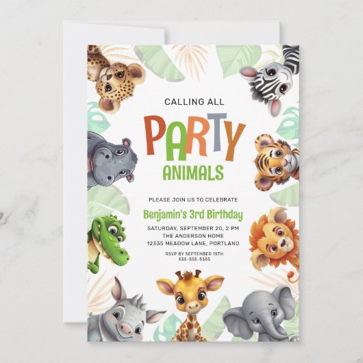 Rufen Sie alle Party Tiere Niedlich Jungle Geburts Einladung (Vorderseite)