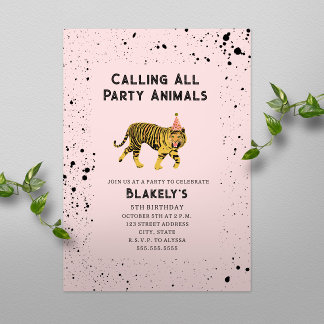 Rufen Sie alle Party Tiere Tiger Pink Geburtstag Einladung