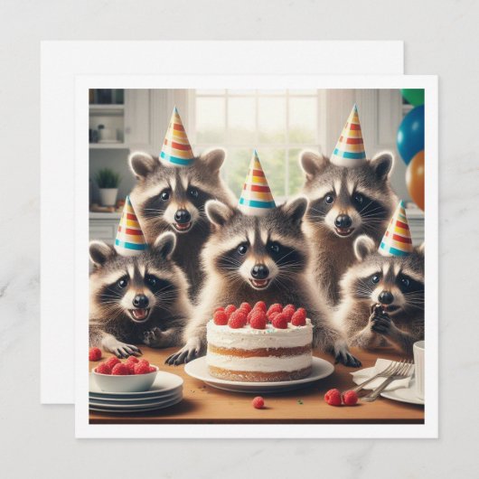 Rufen Sie alle wilden Kreaturen! Raccoon-Geburtsta Einladung (Vorne/Hinten)