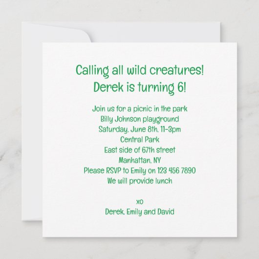 Rufen Sie alle wilden Kreaturen! Raccoon-Geburtsta Einladung (Rückseite)