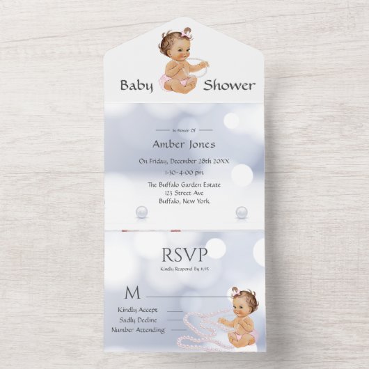 Ruffles Niedlich Girl mit Pearls Baby Dusche All In One Einladung (Innen Boden)