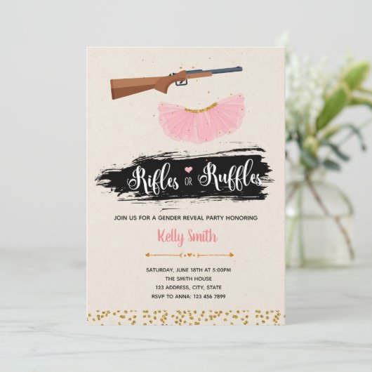 Ruffles oder Gewehre Geschlecht offenbaren Party E Einladung (Stehend Vorderseite)