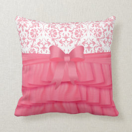 Ruffles und rosa Bow auf Damaske Kissen
