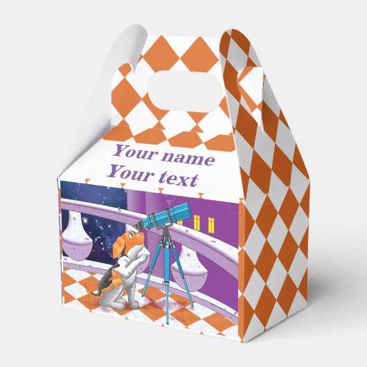 Rufous-beige-Welpe und Teleskop im Schloss Geschenkschachtel (Vorderseite)