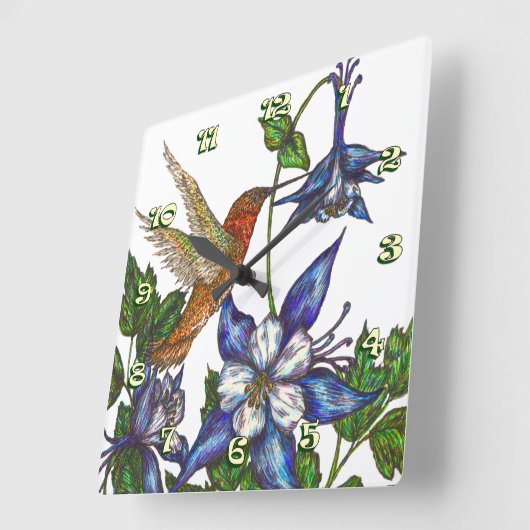 Rufous Hummingbird & Columbine Quadratische Wanduhr (Winkel)