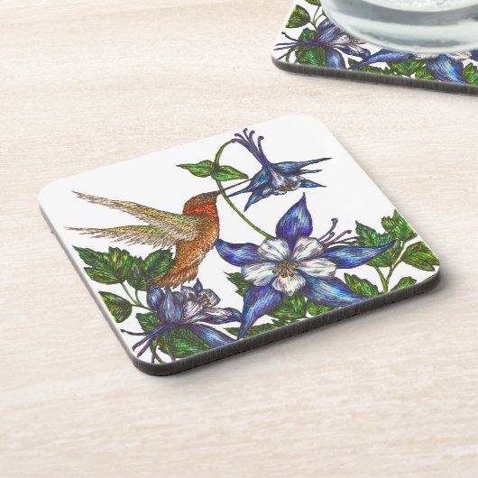 Rufous Hummingbird mit Columbinen Getränkeuntersetzer (Linke Seite)